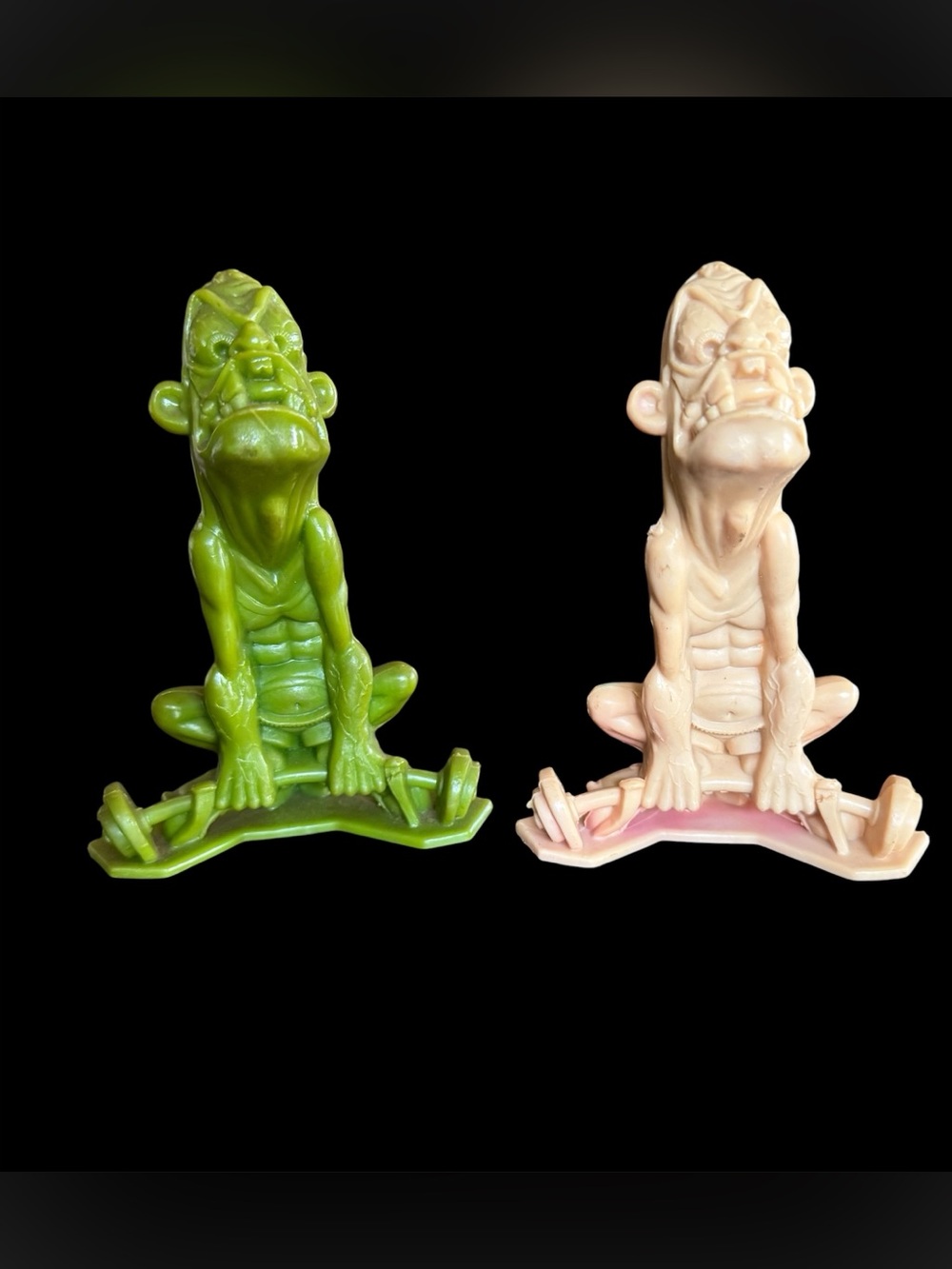 Lot of 2 Vintage Nutty Mads Waldo the Weightlifter, Marx Toys- GREEN and TAN